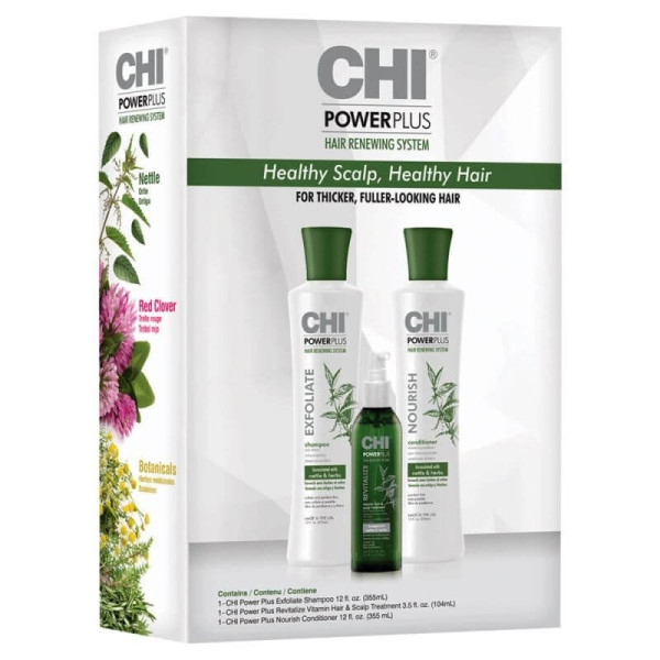 CHI POWERPLUS Komplekts pret matu izkrišanu (šampūns, kondicionieris, galvas ādas aerosols ar vitamīniem) 355 ml+355 ml+104 ml