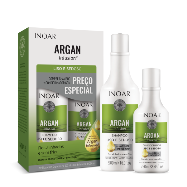 INOAR Argan Infusion Smooth and Silky Duo komplekts gludiem un mīkstiem matiem (šampūns 500 ml, kondicionieris, 250 ml)