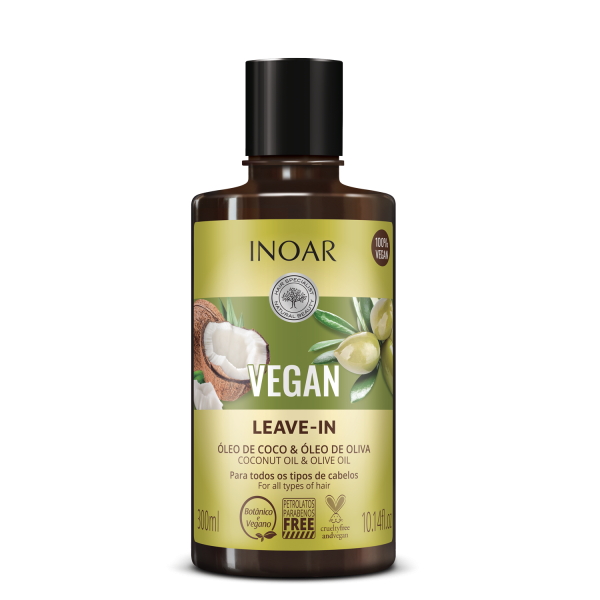 INOAR Vegan Leave-In Nenomazgājams kondicionieris ar kokosriekstu un olīveļļu, 300 ml