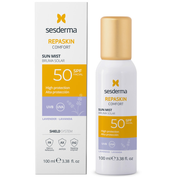 Sesderma Repaskin Comfort aizsargājoša sejas migla no saules ar lavandas aromātu SPF 50, 100 ml