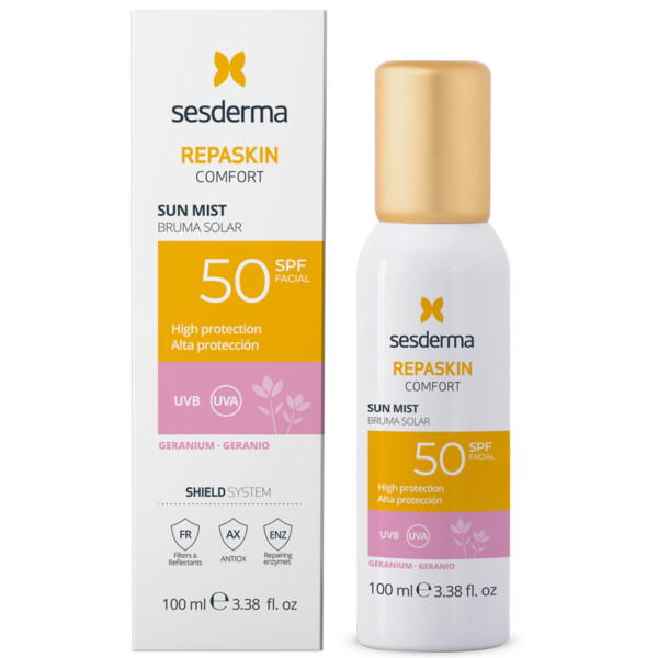 Sesderma Repaskin Comfort aizsargājoša sejas migla no saules ar ģerānijas aromātu SPF 50, 100 ml