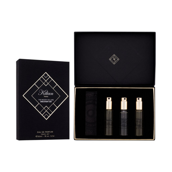 By Kilian The Woody Cellars Discovery Set Eau de Parfum komplekts unisex (Edp Straight To Heaven 7,5 ml + Edp Intoxicated 7,5 ml + Edp Sacred Wood 7,5 ml + Edp Black Phantom 7,5 ml + Refillable Bottle 30 ml)