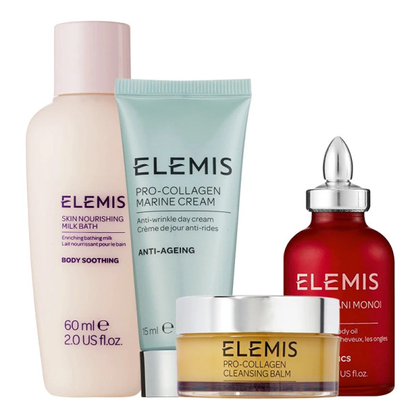 Elemis Best Sellers kit: Elemis Skin Nourishing milk bath, 60 ml + Elemis Pro-Collagen Marine cream, 15 ml + Elemis Frangipani Monoi Nourishing body oil, 35 ml + Elemis Pro-Collagen cleansing balm 20g