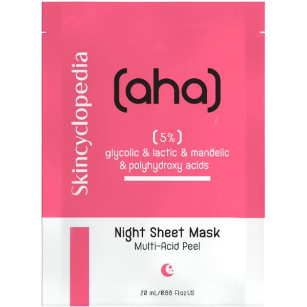 Skincyclopedia Night Sheet Mask Multi-Acid Peel pīlinga lokšņu maska ar AHA un PHA skābēm 5%, 1 gab.