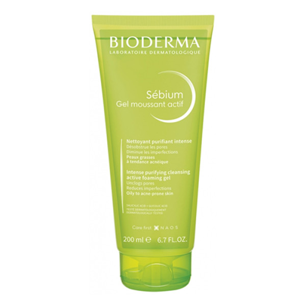 Bioderma Sébium Gel Moussant Actif Foaming Gel tīrīšanas līdzeklis taukainai un ar pinnēm pakļautai ādai, 200 ml