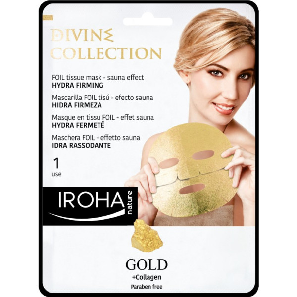 Nostiprinoša sejas maska Iroha Divine Collection FOIL Tissue Mask Hydra Firming, ar 24K zeltu un kolagēnu, 25 ml