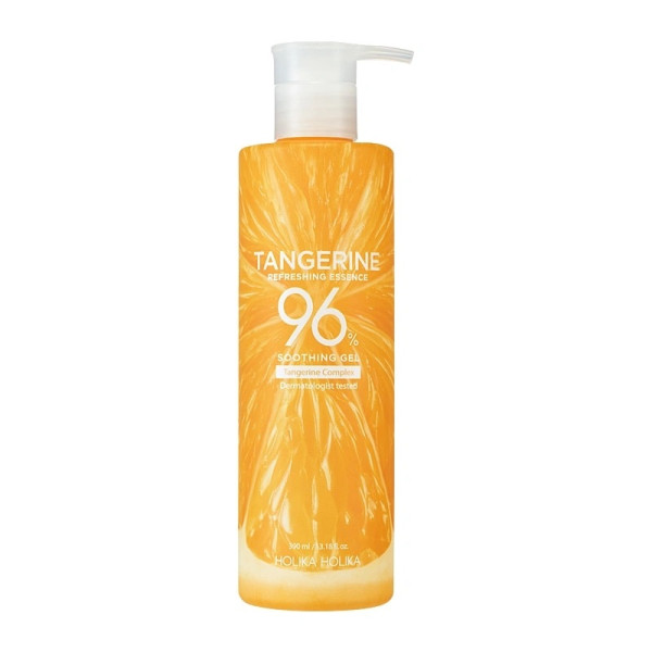 Holika Holika Tangerine Refreshing Essence 96% Soothing Gel nomierinoša un atsvaidzinoša mandarīnu aromāta želeja ķermenim un sejai, 390 ml