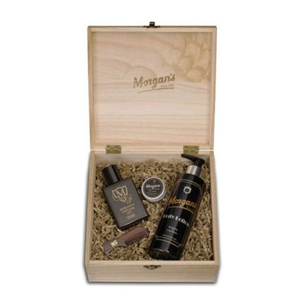 Morgan's Pomade ķermeņa un matu kopšanas komplekts Morgan's Wooden Body & Cologne Box, komplektā ietilpst: odekolons 50 ml, ķermeņa losjons 250 ml, matu pasta 15 ml, ķemme