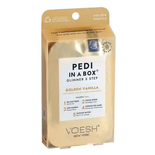 Pēdu procedūra Voesh Pedi In A Box 5 in 1 Golden Glimmer, ar zelta vizlu, baro pēdas