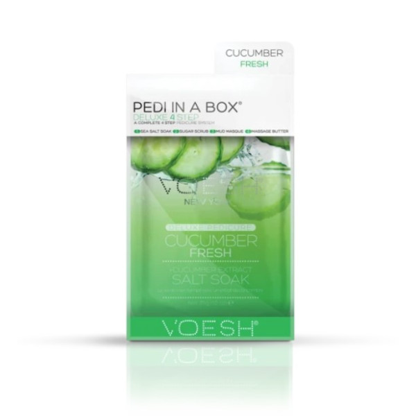 Kāju procedūra Voesh Pedi In A Box 4 in 1 Cucumber Fresh, ar gurķu ekstraktiem, atsvaidzina pēdu ādu