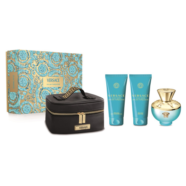 Versace Dylan Torquoise komplekts sievietēm (EDT, 100 ml + ķermeņa losjons, 100 ml + dušas želeja, 100 ml + kosmētikas līdzeklis)