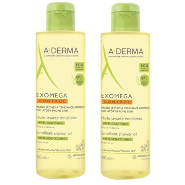 A-Derma Exomega Control mīkstinošā dušas eļļa Dry Skin dušas eļļa, 2 x 500 ml