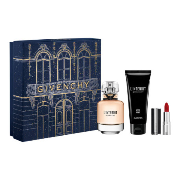 Givenchy L'Interdit komplekts sievietēm (EDP, 50 ml + ķermeņa losjons, 75 ml + lūpu krāsa Le Rouge Interdit Intense Silk 1,5 g 333)