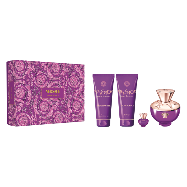 Versace Dylan Purple komplekts sievietēm 2024 (EDP, 100 ml + EDP, 5 ml + dušas želeja, 100 ml + ķermeņa losjons, 100 ml)